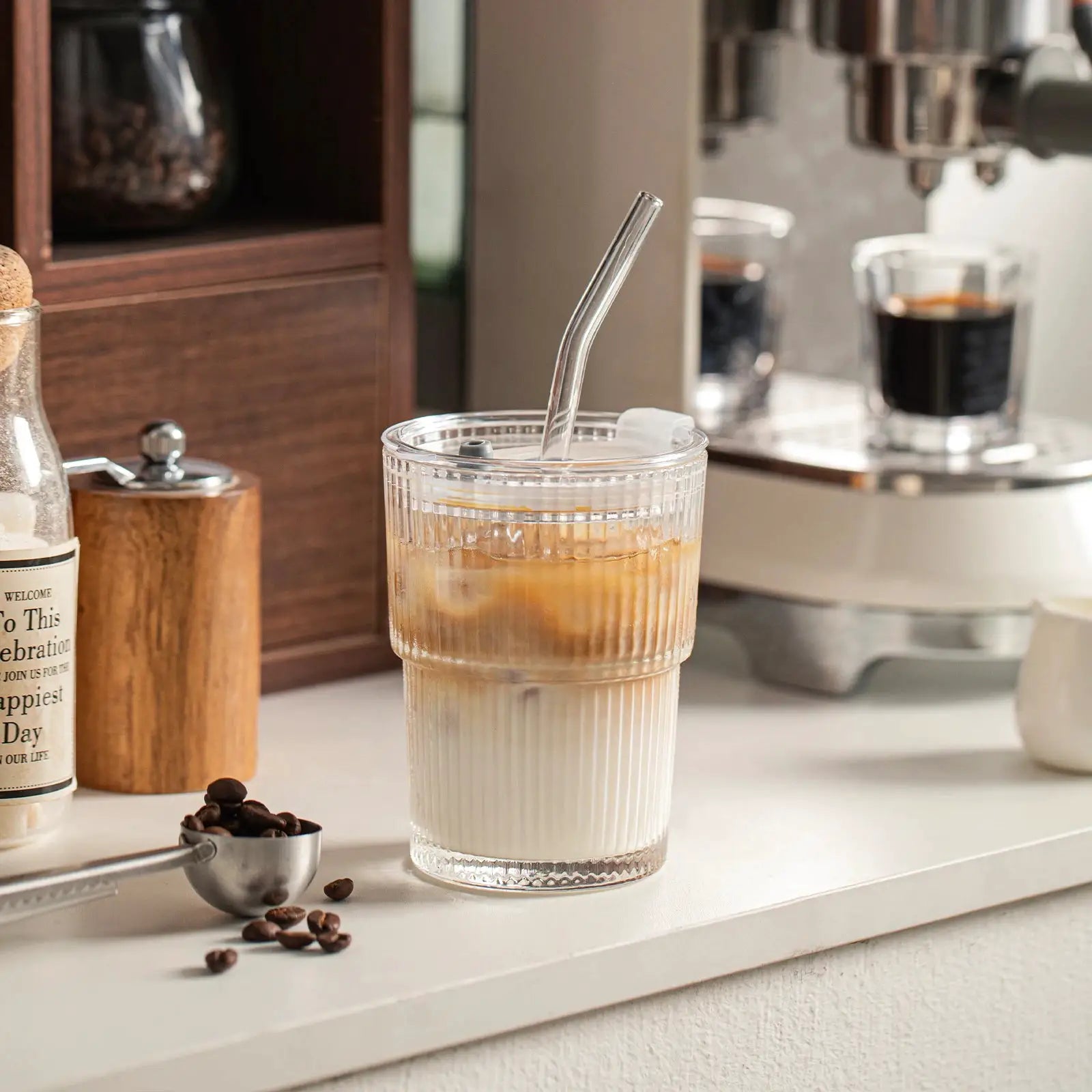 450ml Stripe Glass Cup With Lid And Straw Transparent Drinking Glass For Ice Coffee Tea Juice Milk Water