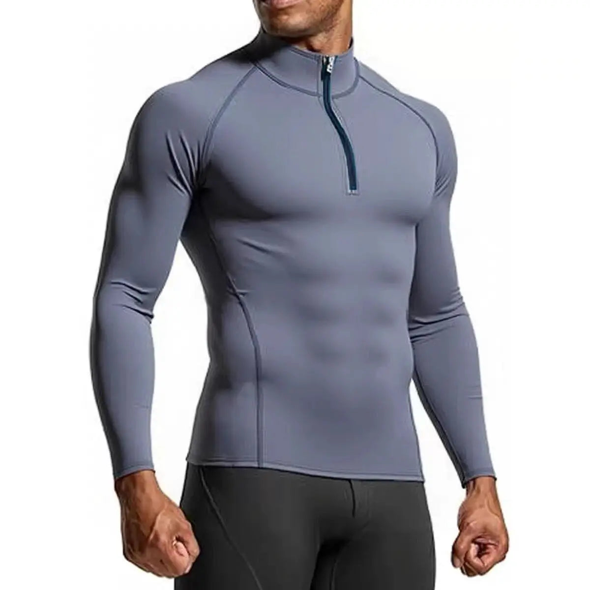Men's grey long-sleeve athletic compression shirt with zip-front.