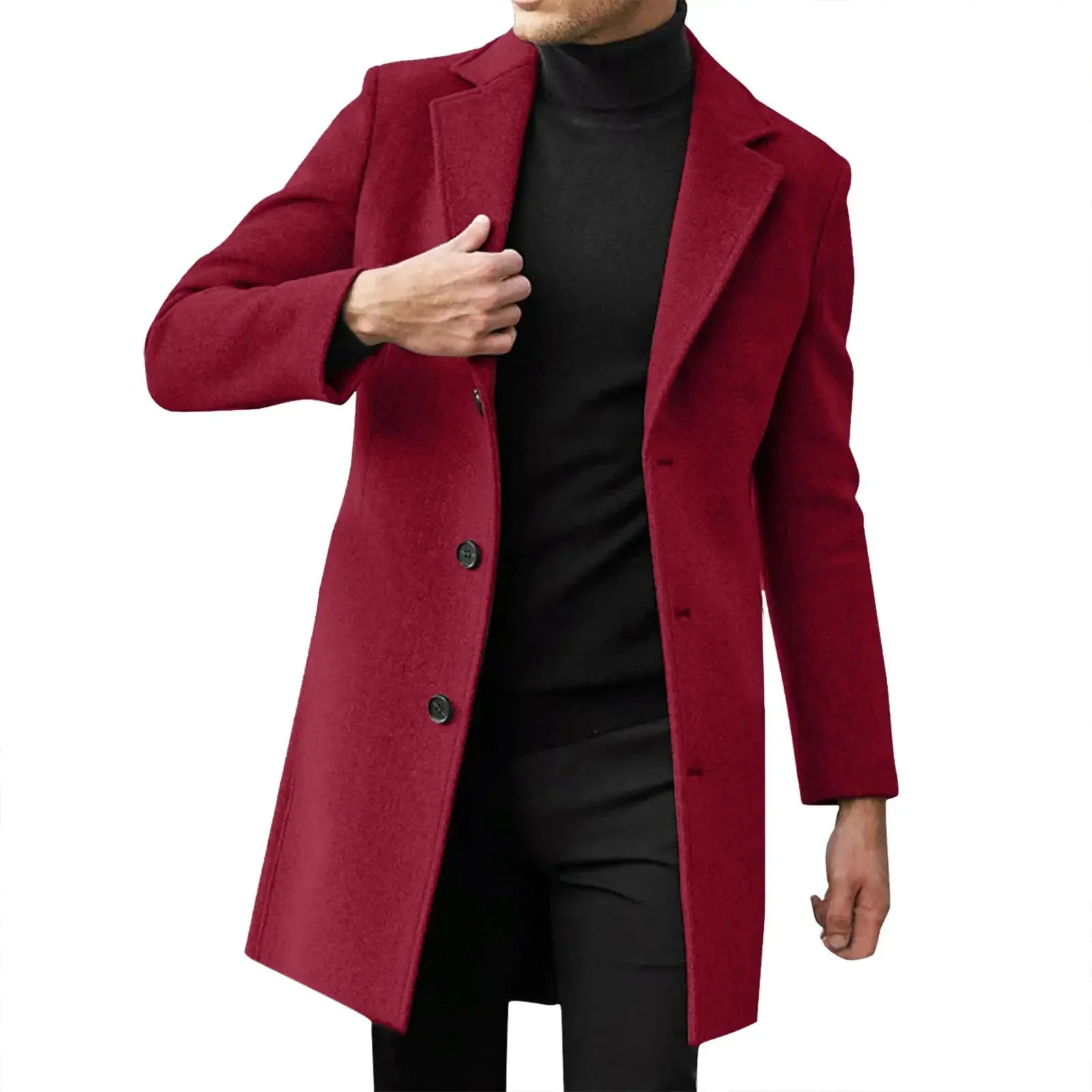 Men's red wool overcoat, mid-length, single-breasted with lapels