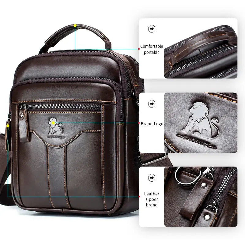 Men's leather crossbody bag by Simples Market in dark brown with front zip pocket and embossed logo.