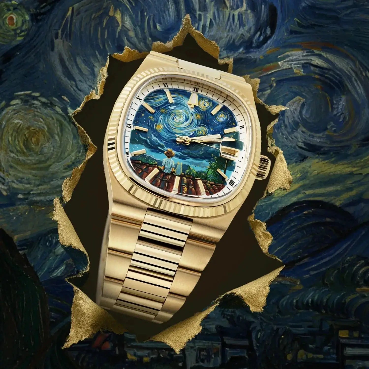 Men's gold-tone wristwatch with Starry Night-inspired dial and metal bracelet