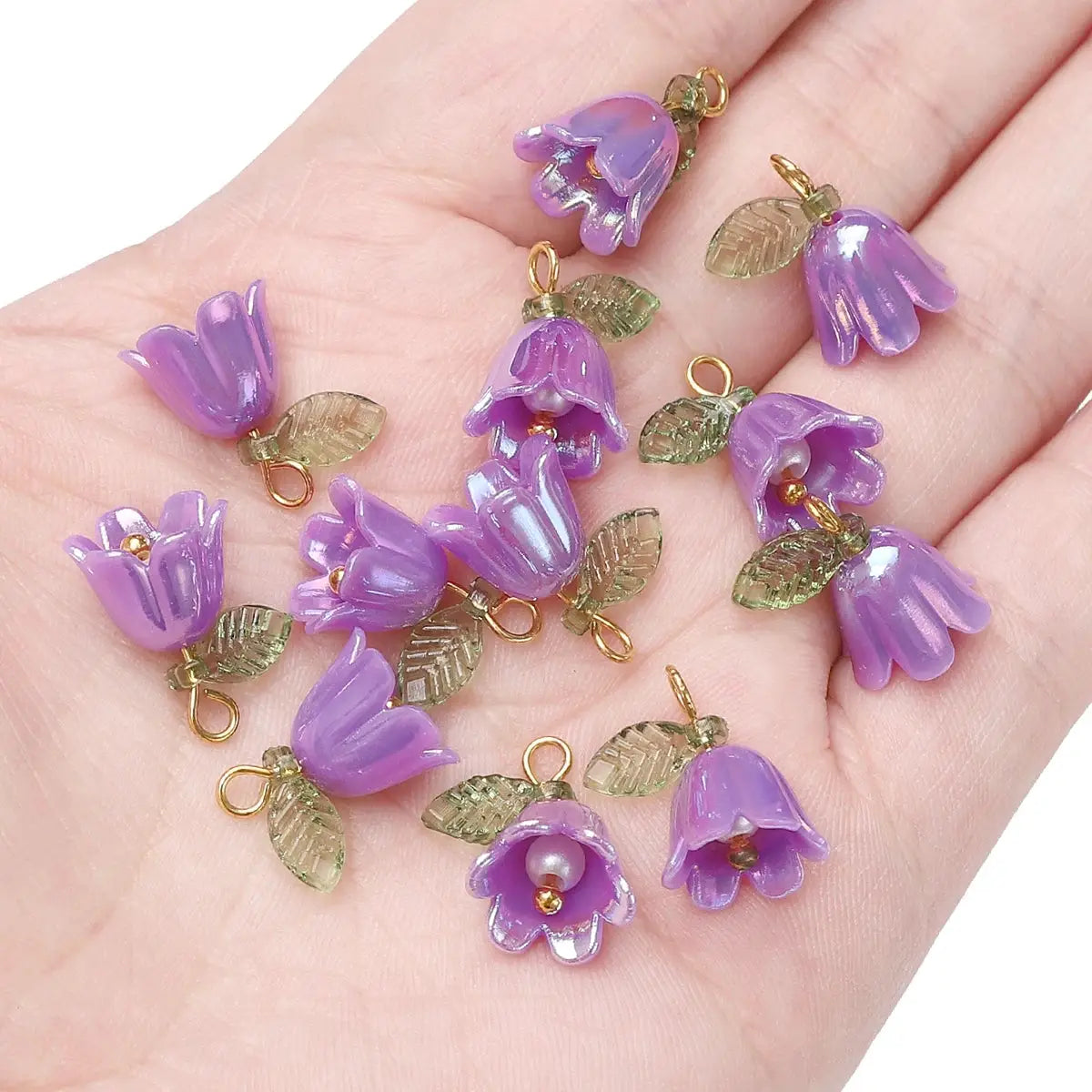 Acrylic lilac lily-of-the-valley flower bud beads with gold loops and leaves, 11x14mm, 12 pcs for DIY jewelry