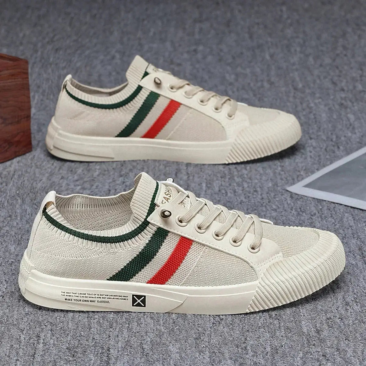 Men's casual driving sneakers, cream with green and red stripes, 2 shoes
