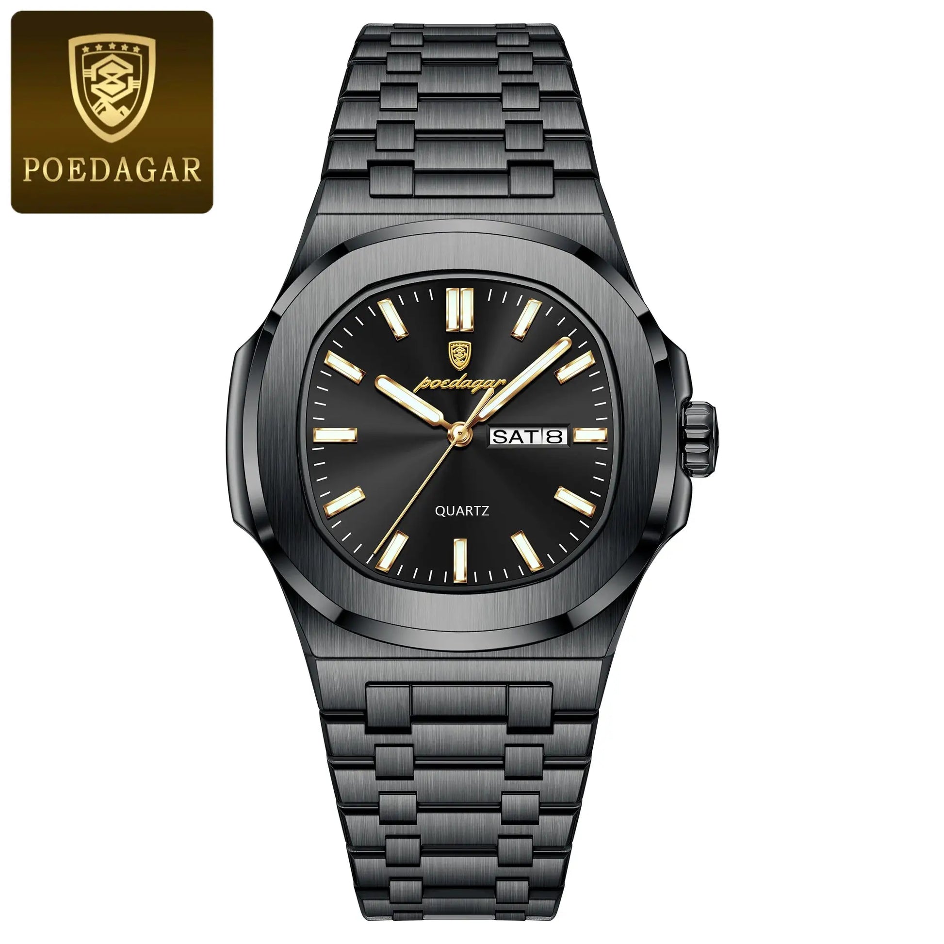 POEDAGAR men's stainless steel wristwatch with black dial, gold-tone markers and date window