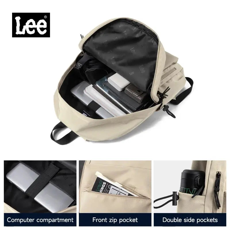 LEE lightweight beige 16-inch laptop backpack in Oxford fabric with black lining and front zip pocket plus side pockets