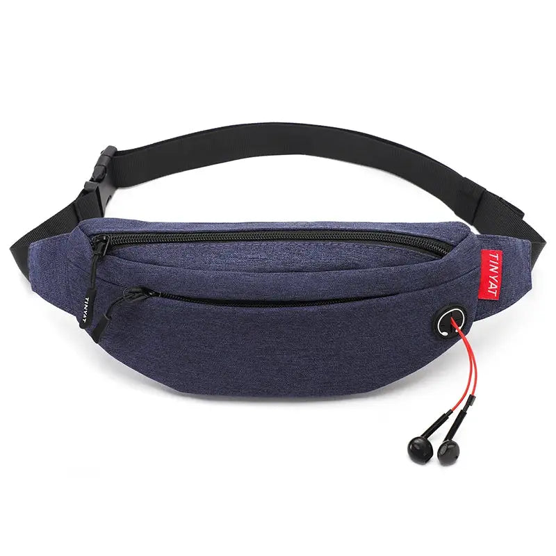TINYAT waist bag fanny pack in blue fabric, with dual zip pockets, adjustable black strap, red logo tag.