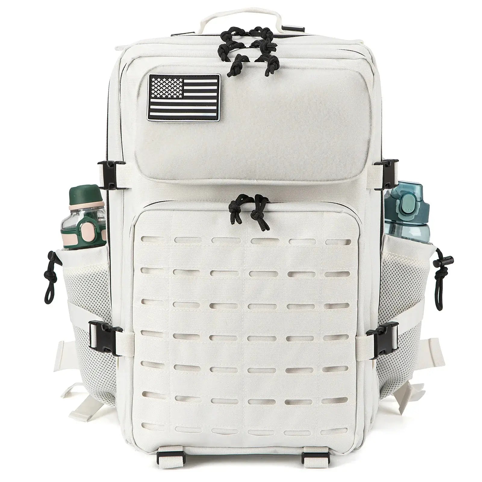 25L/45L tactical backpack, white/gray with side water bottle pockets and front MOLLE panel