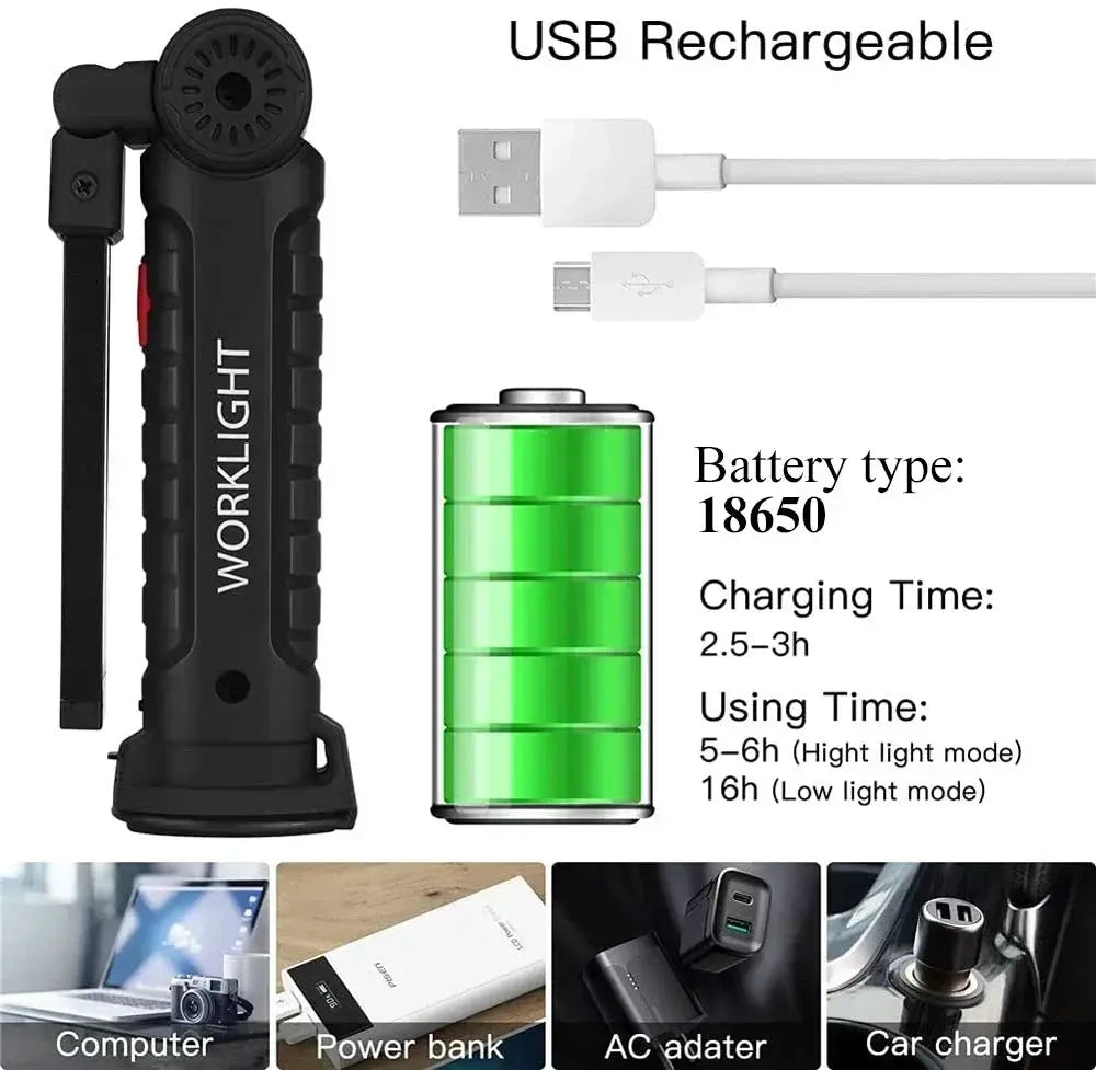 Simples Market portable COB LED work light with USB rechargeable, magnetic hook and 18650 battery