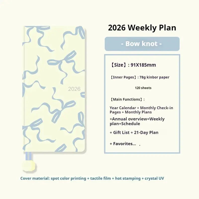 Kinbor 2026 Weekly Planner pocket notebook with bow knot cover, 91×185mm, 120 sheets, Simples Market