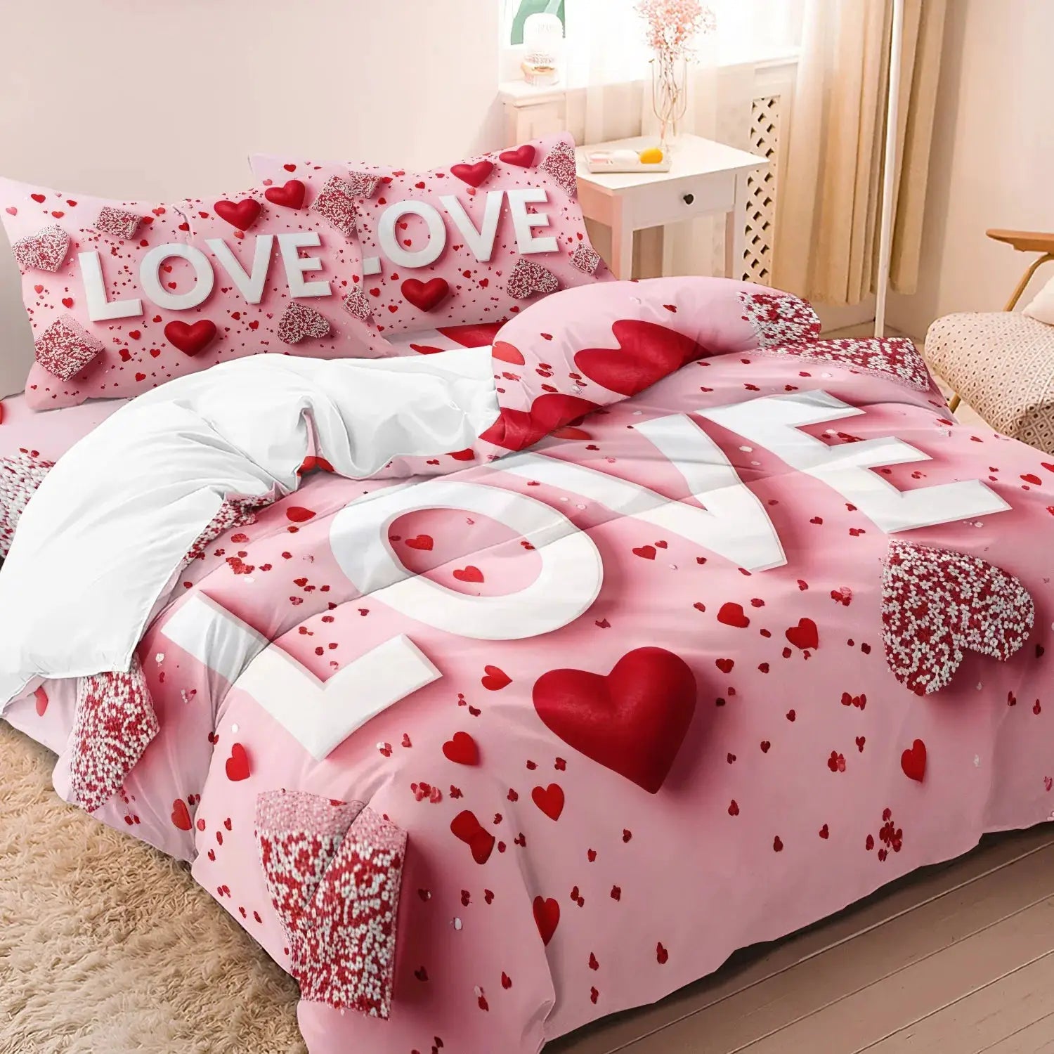 3-piece pink love-themed bedding set with duvet cover and 2 pillowcases, large LOVE letters and heart patterns