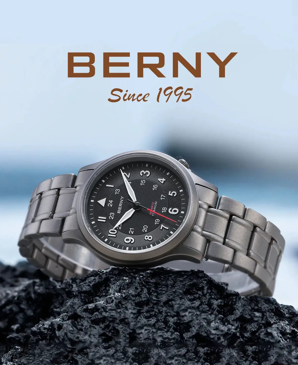 BERNY titanium men's field watch with metal bracelet, black dial and luminous hands