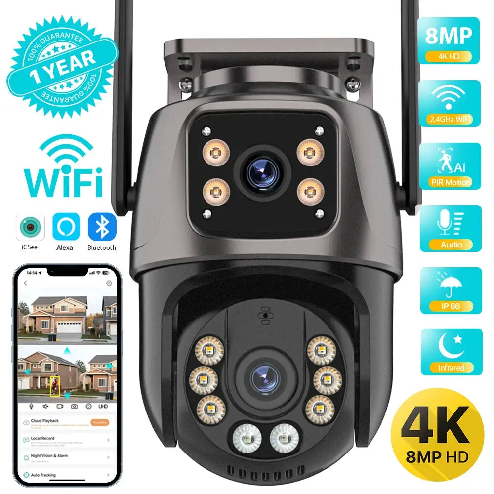 4K 8MP HD WiFi PTZ Outdoor Camera With Dual Lens And Dual Screen AI Auto Tracking IP CCTV Night Vision P2P iCSee