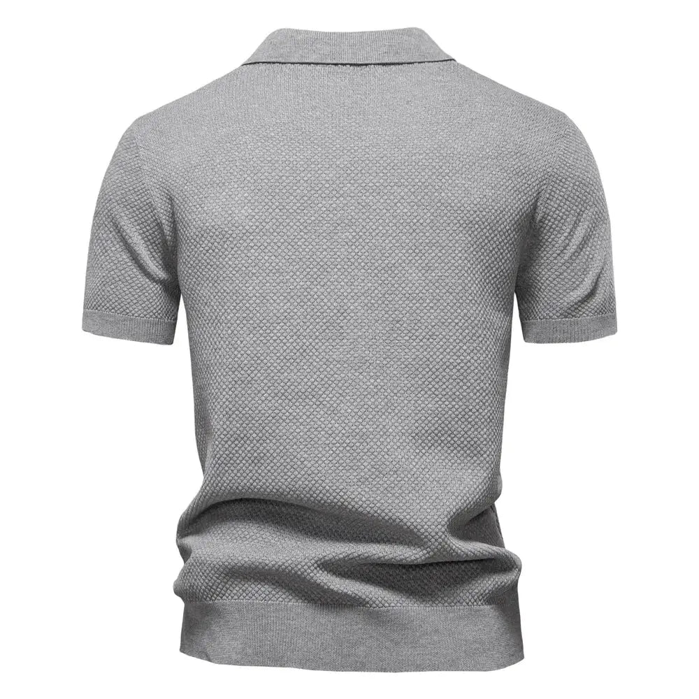 Men's gray textured knit golf polo shirt, back view shown