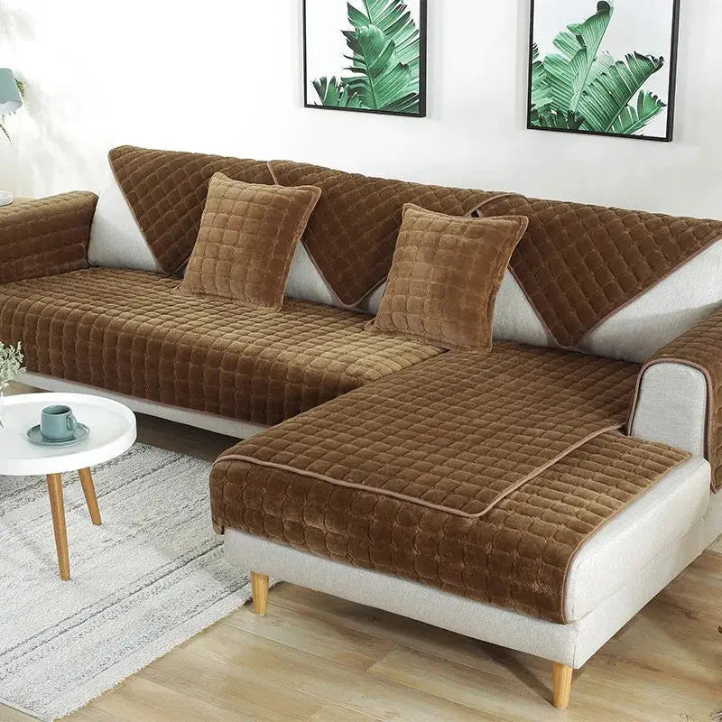 Sofa cover set in brown flannel plaid; quilted, non-slip, includes cushions for living room.