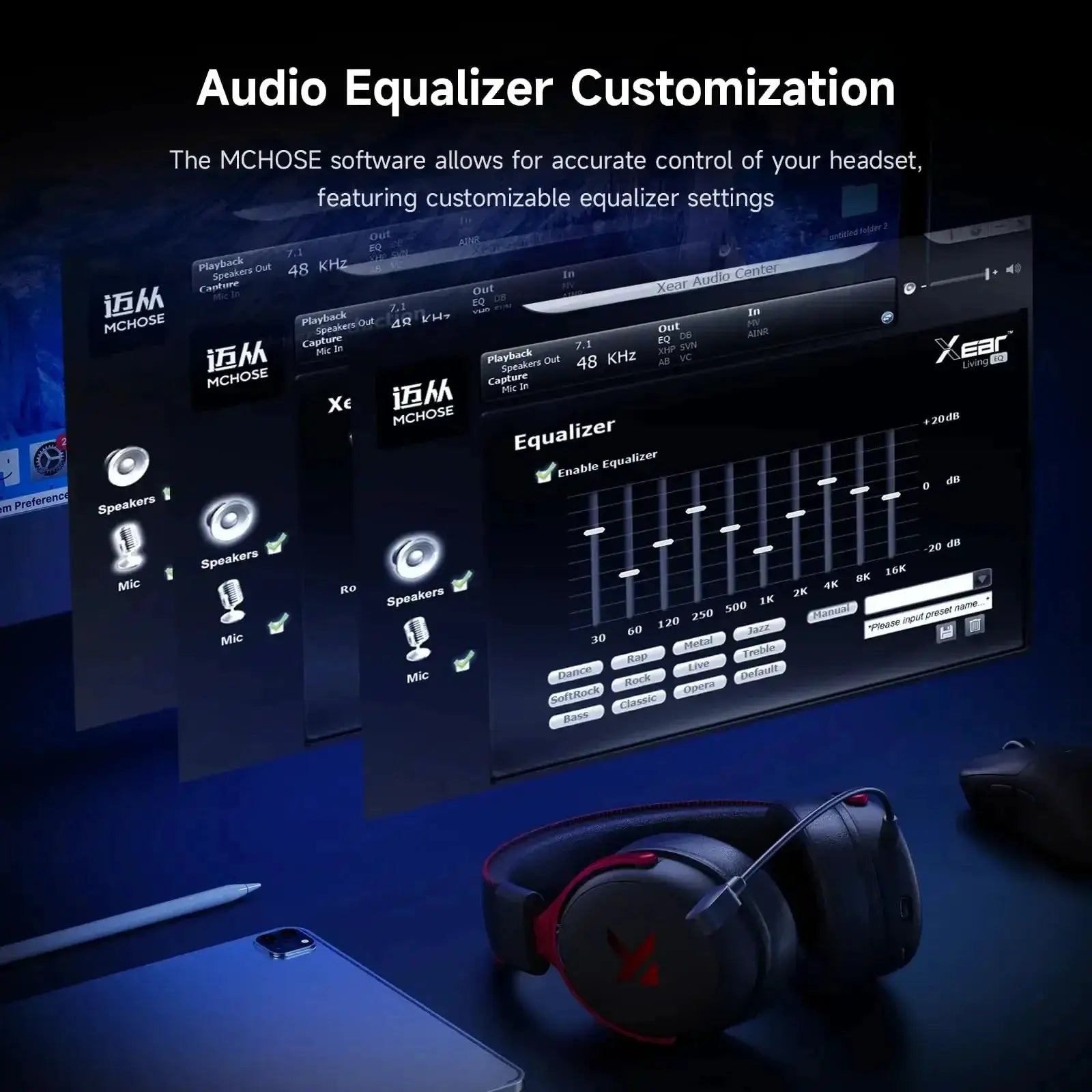 MCHOSE V9 Pro wireless gaming headset, black with red accents, 7.1 surround sound