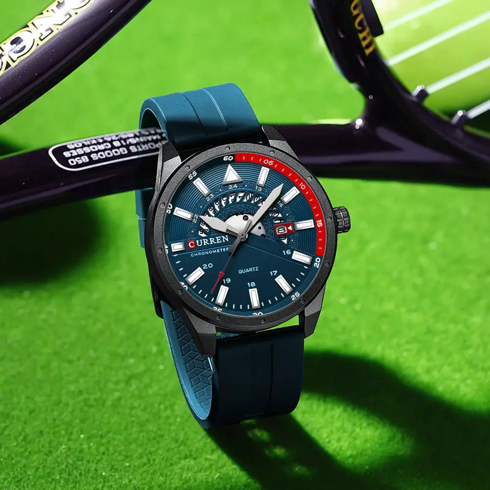 CURREN men's wristwatch with blue dial, silicone strap and date window