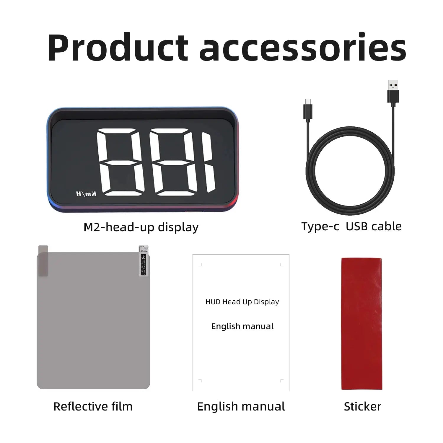 HD Car Head Up Display M2 HUD by Simples Market; 6-piece kit including USB-C cable, reflective film, English manual, sticker
