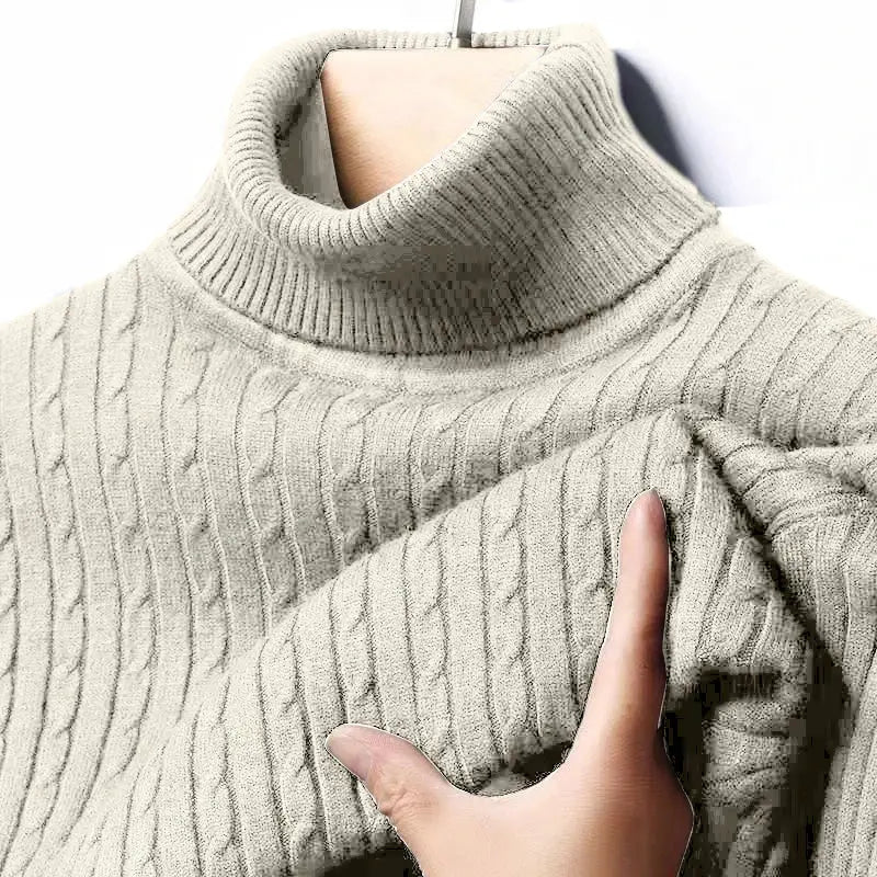 Men's beige ribbed turtleneck knitted sweater with long sleeves