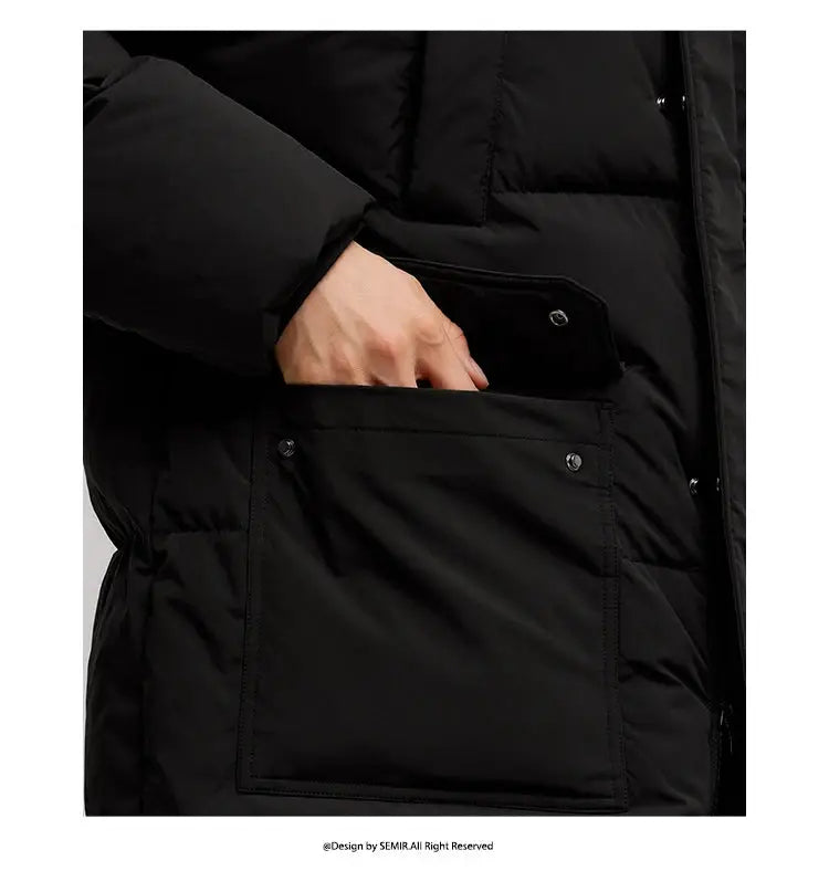 Semir men's black down jacket; waterproof long-length puffer with large front pocket