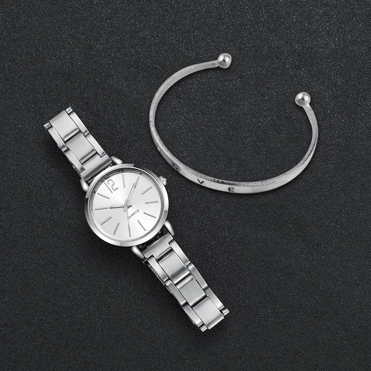 2-piece women's watch and open cuff bracelet set, silver-tone steel band quartz watch