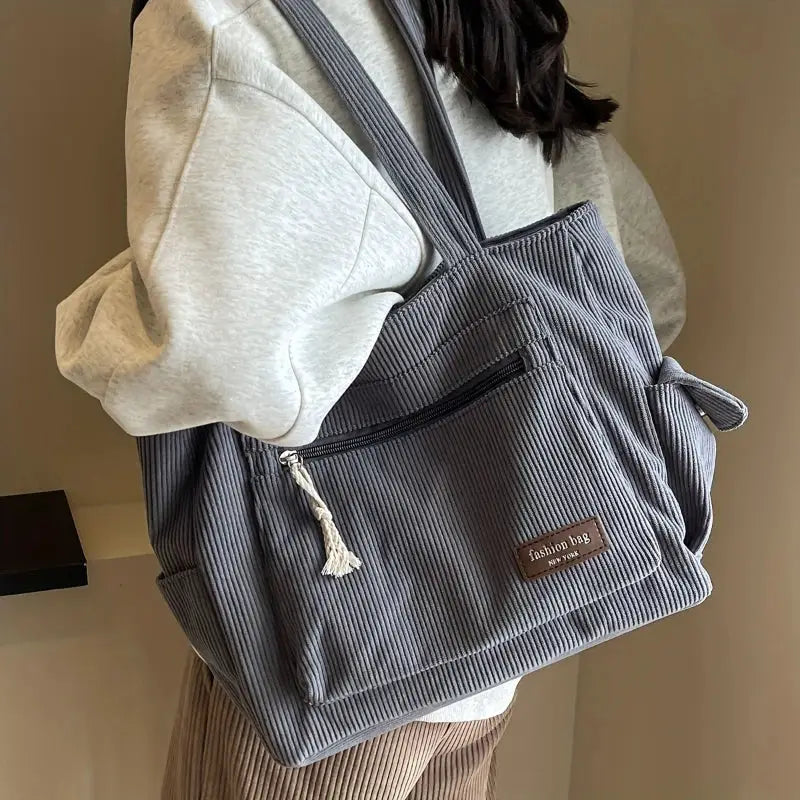 Corduroy Tote Bag With Multiple Pockets Retro Solid Color Shoulder Bag For Easy Organization
