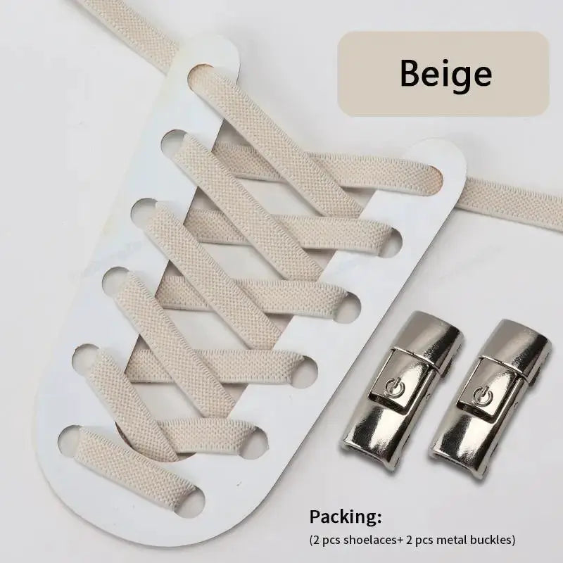 Simples Market beige press-lock elastic shoelaces for sneakers; 8mm wide, no-tie design; 2 laces and 2 buckles.