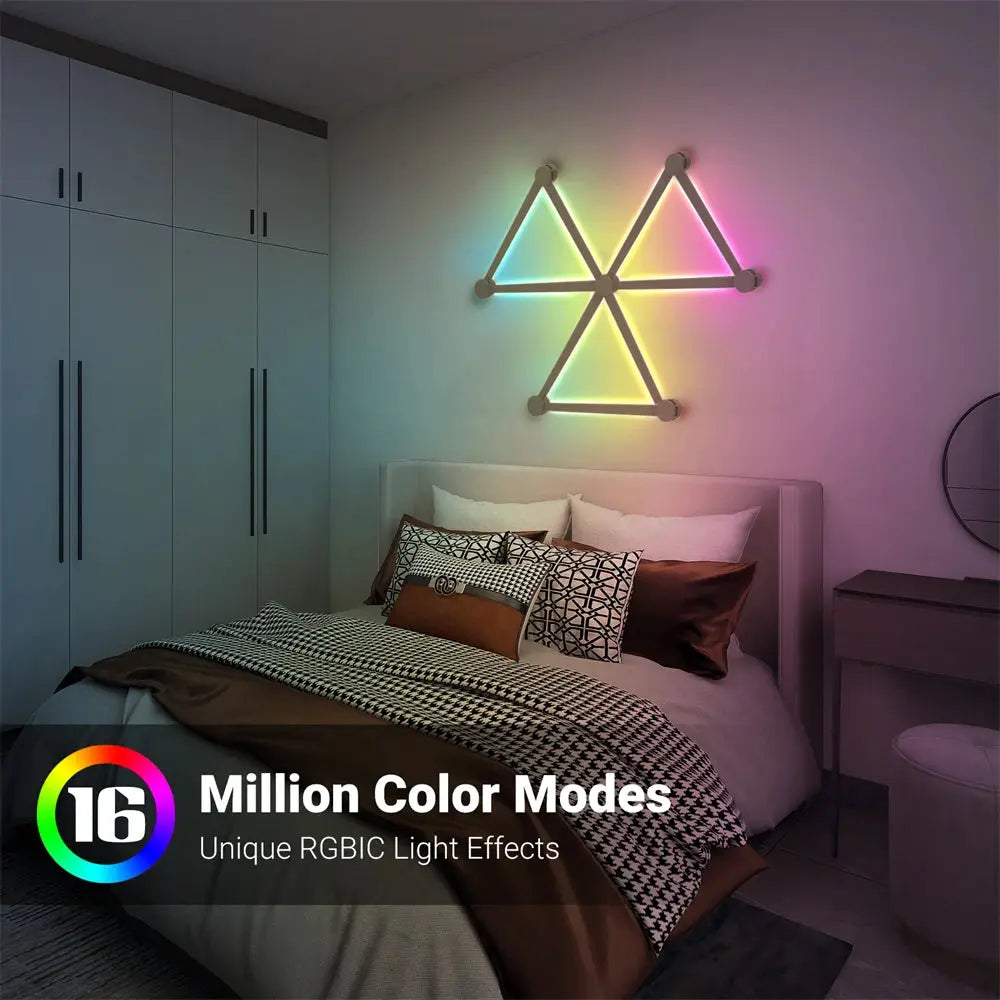 Splicing Light RGB wall lamp by Simples Market on bedroom wall with multicolor glow
