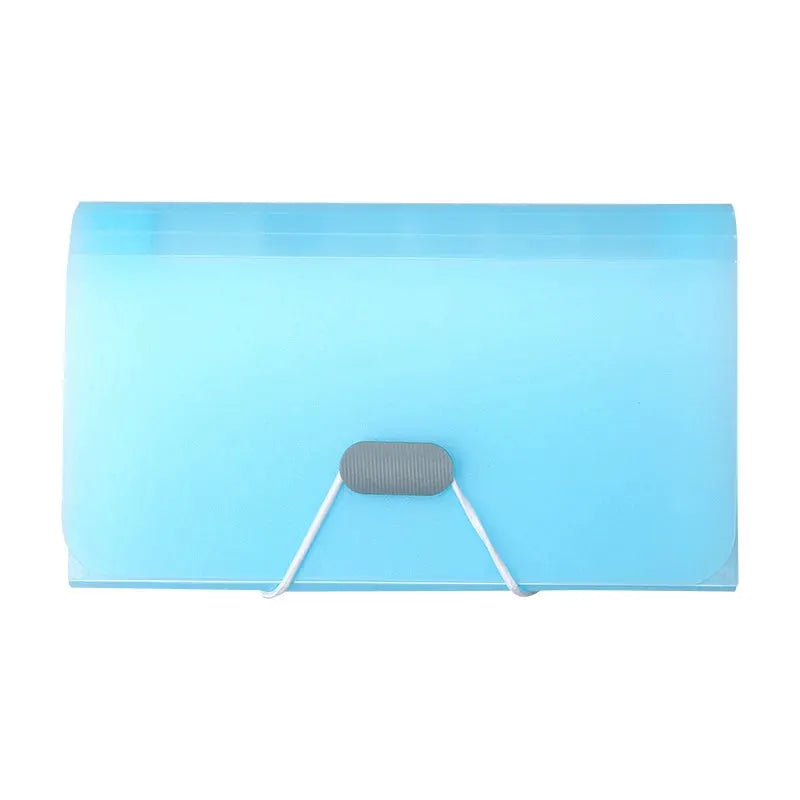 A6 blue expanding file folder with white elastic strap and gray buckle closure