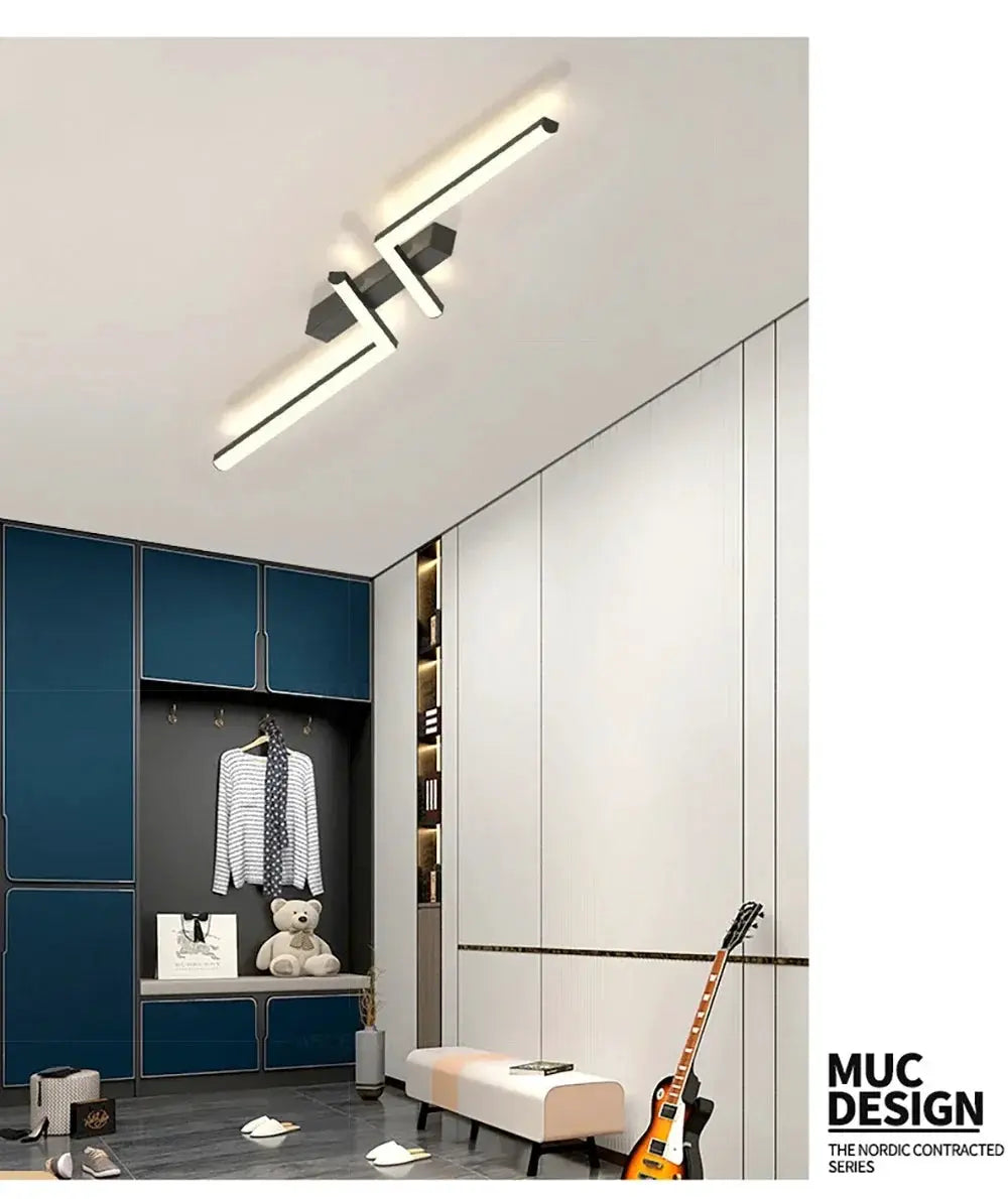 Modern LED ceiling light with gold luster linear bars, geometric design, MUC DESIGN
