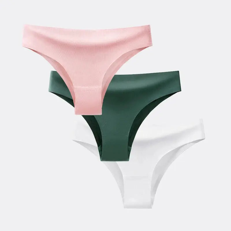 BANNIROU 3Pcs seamless T-back thong underwear set in pink, green, white; ice silk fabric by Simples Market