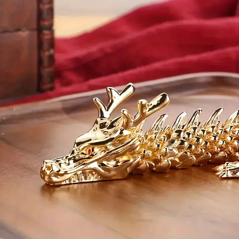 Golden dragon statue, 3D alloy with movable limbs for desktop decor