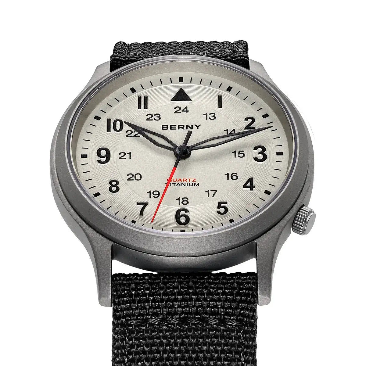BERNY titanium men's field watch with black fabric strap, beige dial, 24-hour inner scale, and red second hand.