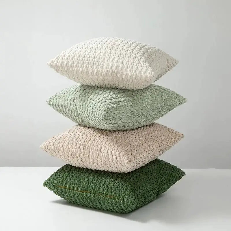 Velvet cushion set by Simples Market; four double-sided cushions in white, sage green, beige, and dark green