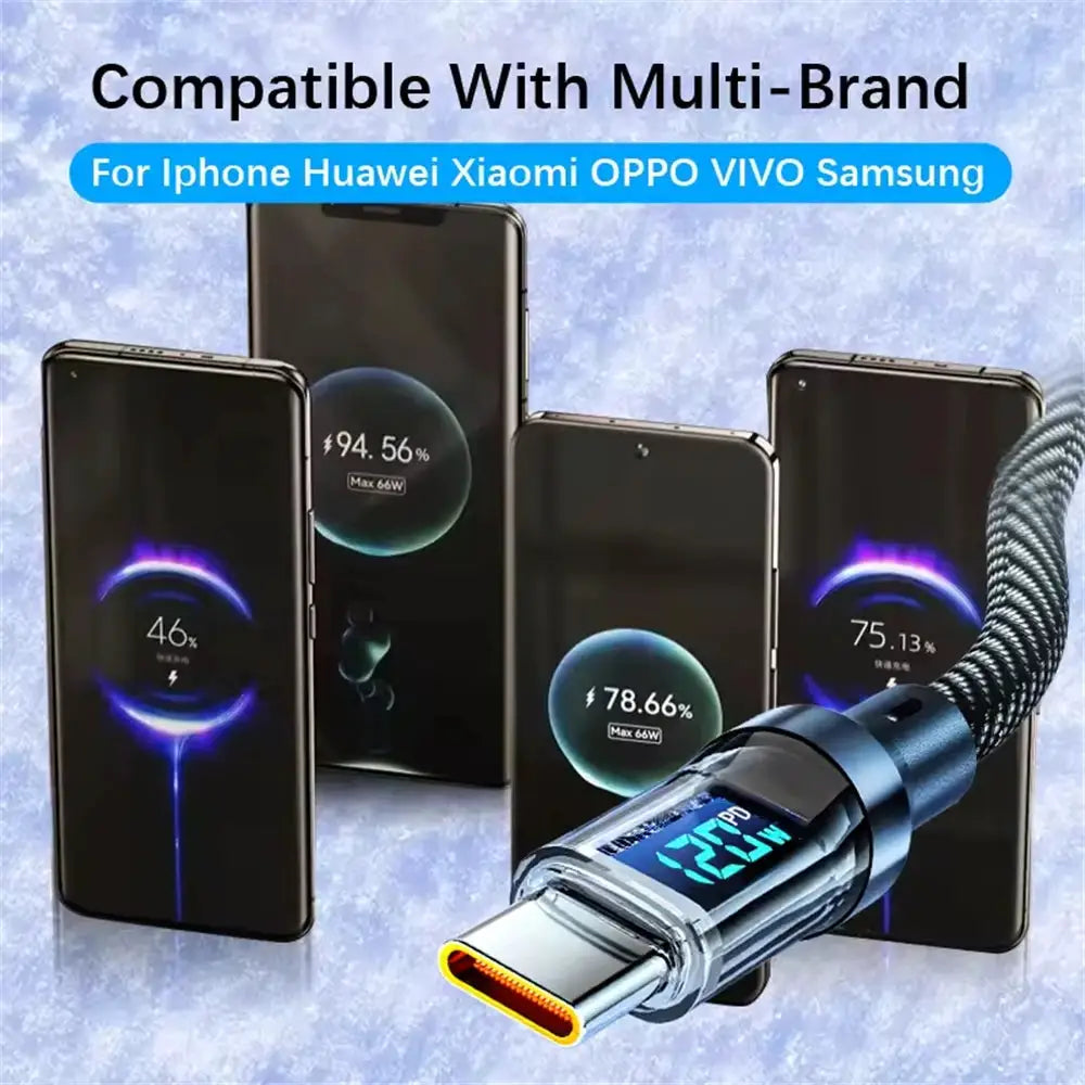 NNBILI 100W USB-C to USB-C and 120W USB-A to USB-C charging cable with LED display; blue braided cord; four smartphones