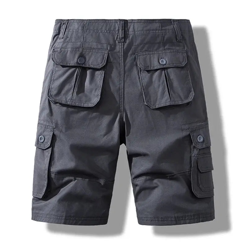 Men's cotton cargo shorts by Simples Market in dark grey with multiple pockets.