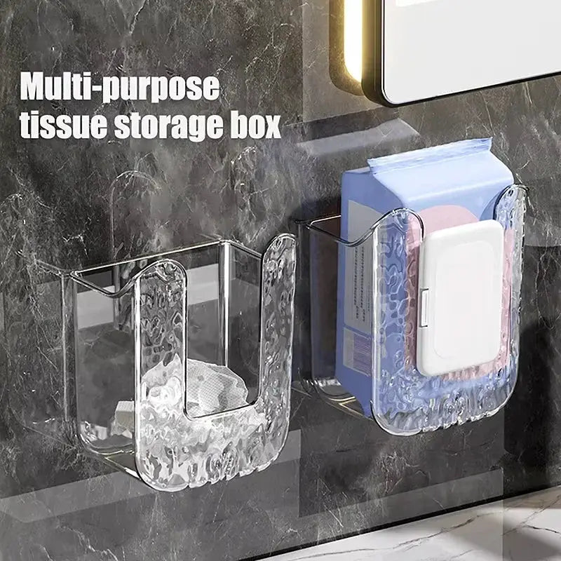 Simples Market wall-mounted tissue storage boxes; two clear acrylic holders with large openings for wet tissues