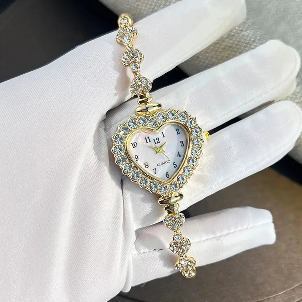 LuxeTime Heart Shaped Diamond Studded Flower Watch With Ribbon Strap Adjustable Bracelet For Women