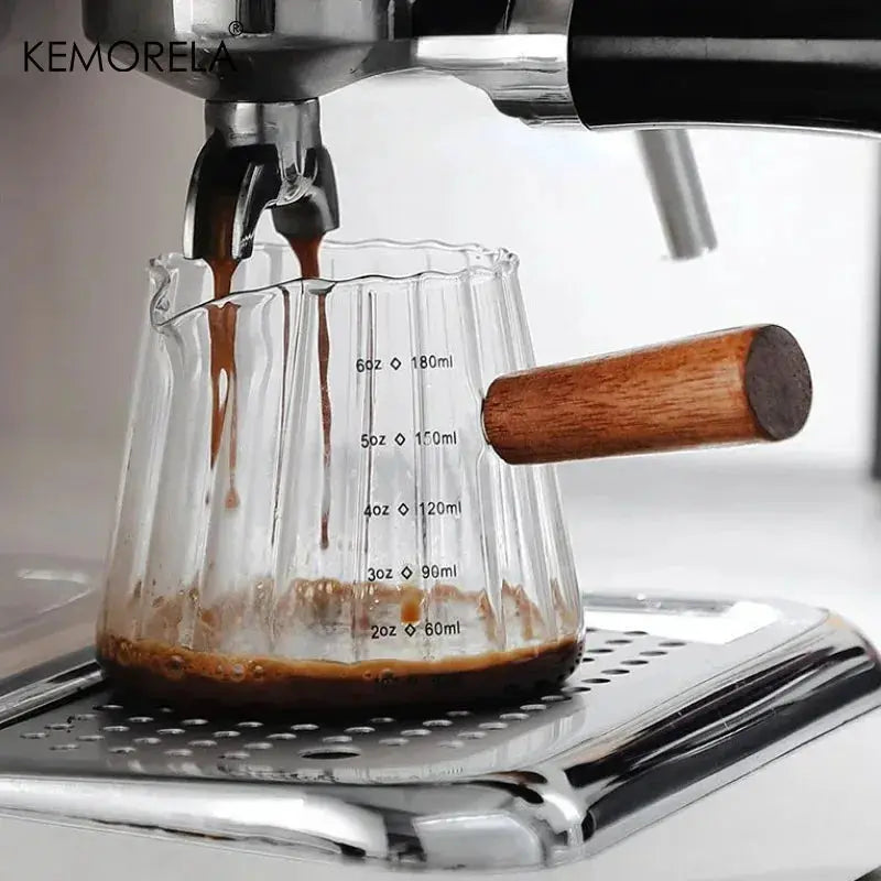 Wooden Handle Measuring Cup With Single And Double Spouts Italian Glass 90ml 120ml 180ml Coffee Milk Cup