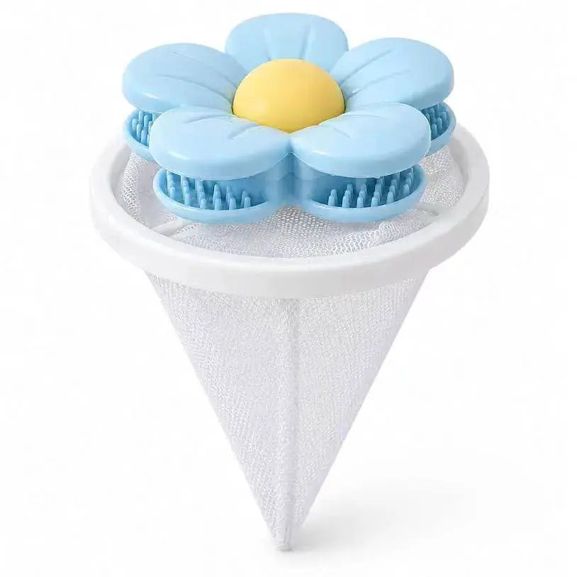 Simples Market washing machine filter bag with blue flower-top lint catcher on white mesh cone.