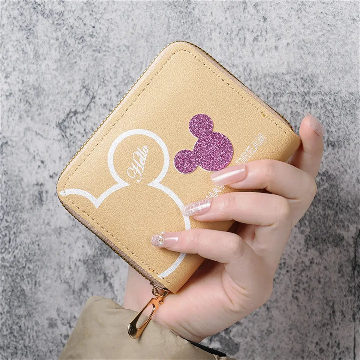 Simples Market beige wallet with white Mickey outline and purple glitter Mickey logo, zip coin purse