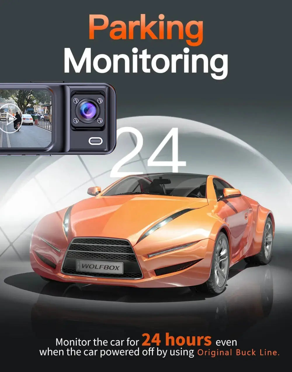 Wolfbox 3-channel car dash cam with front camera module, black; 1080P video, parking monitoring