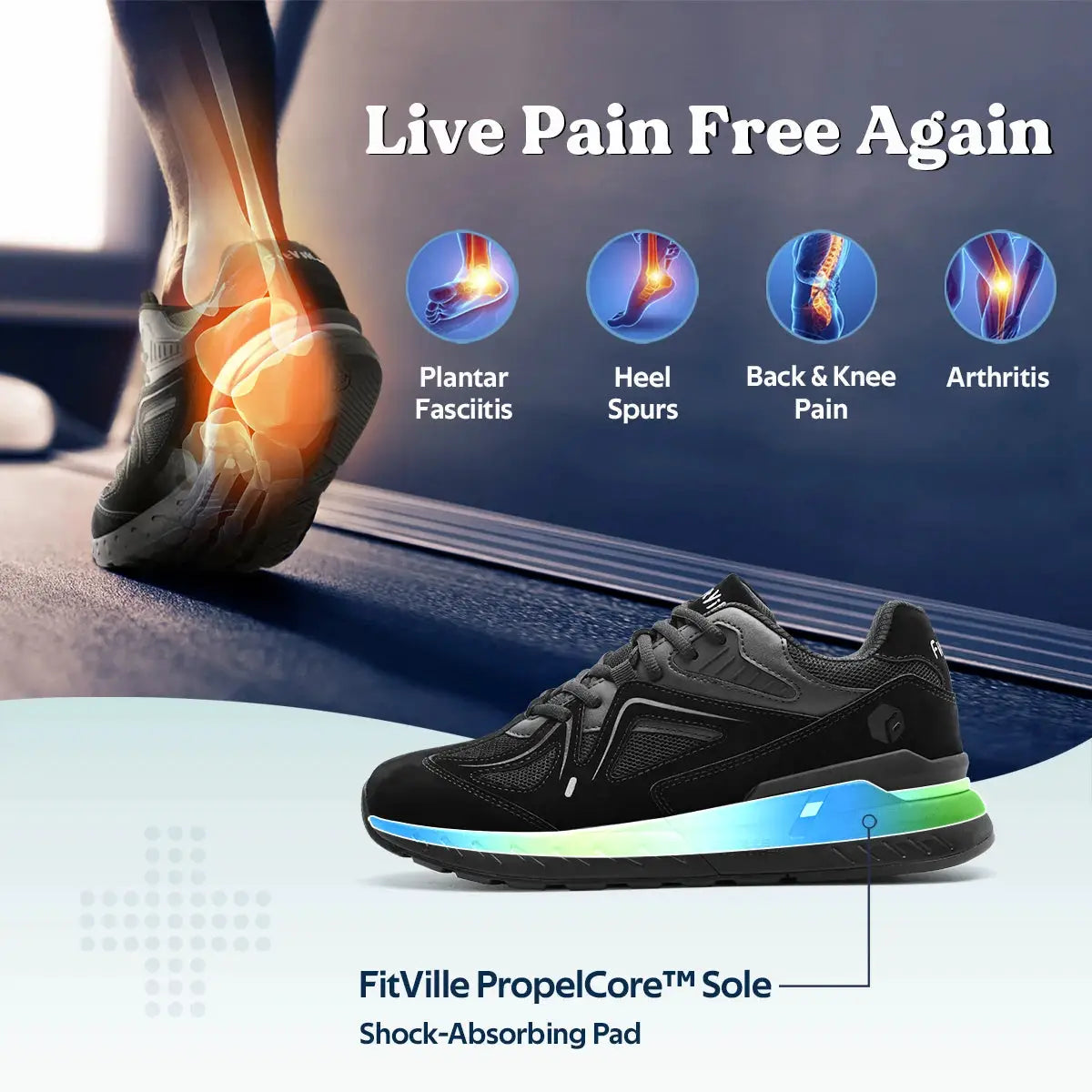 Fittington men's extra-wide walking shoes by Simples Market; black upper with gradient blue-green PropelCore sole