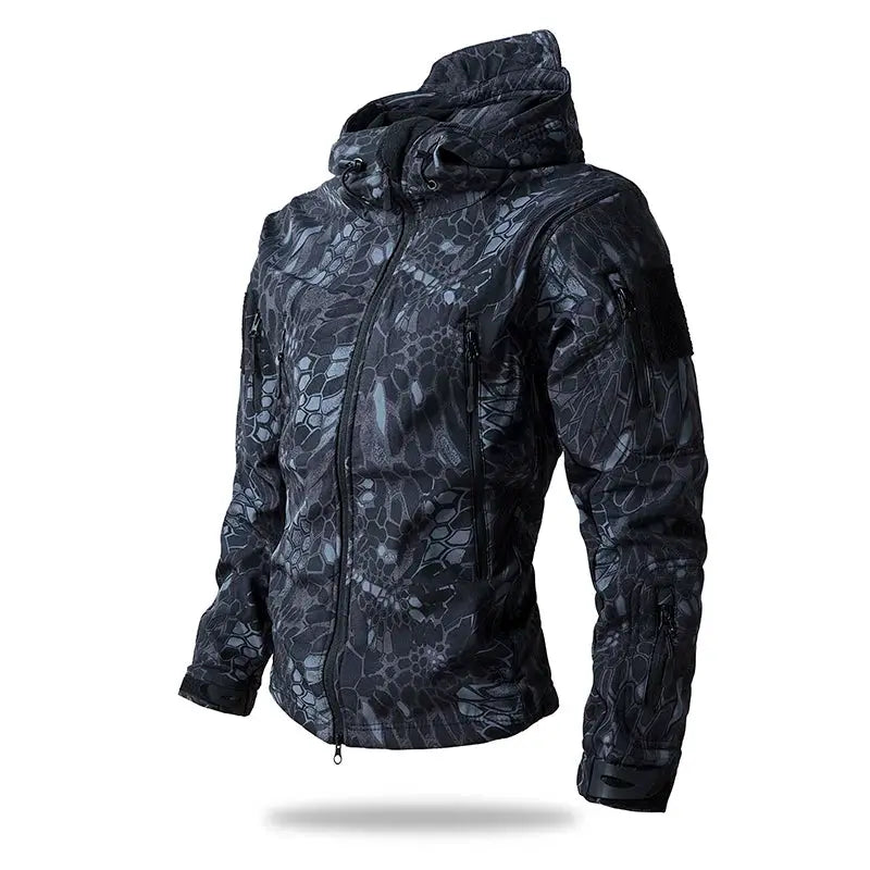 Lurker Shark Skin Soft Shell Tactical Jacket for Men in dark camouflage, hooded waterproof coat