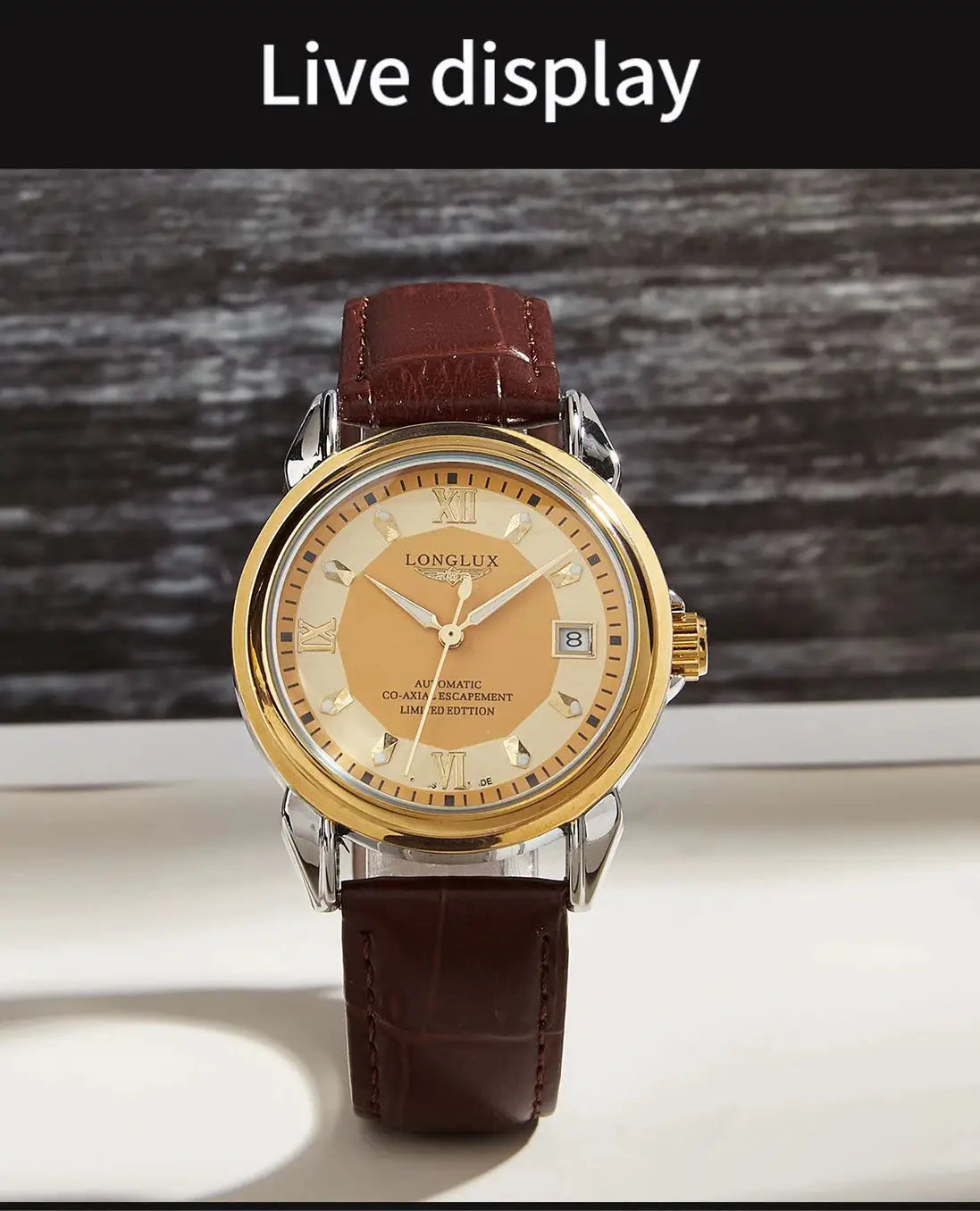 Longlux automatic men's watch with gold-tone bezel, brown leather strap, beige dial and date window