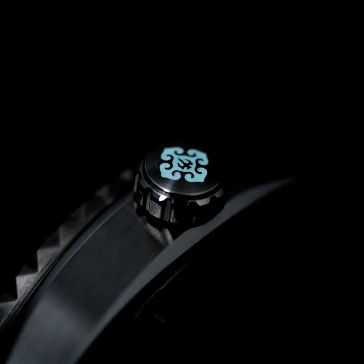 IXDAO IPOSE diving watch crown close-up, stainless steel case with blue emblem on crown
