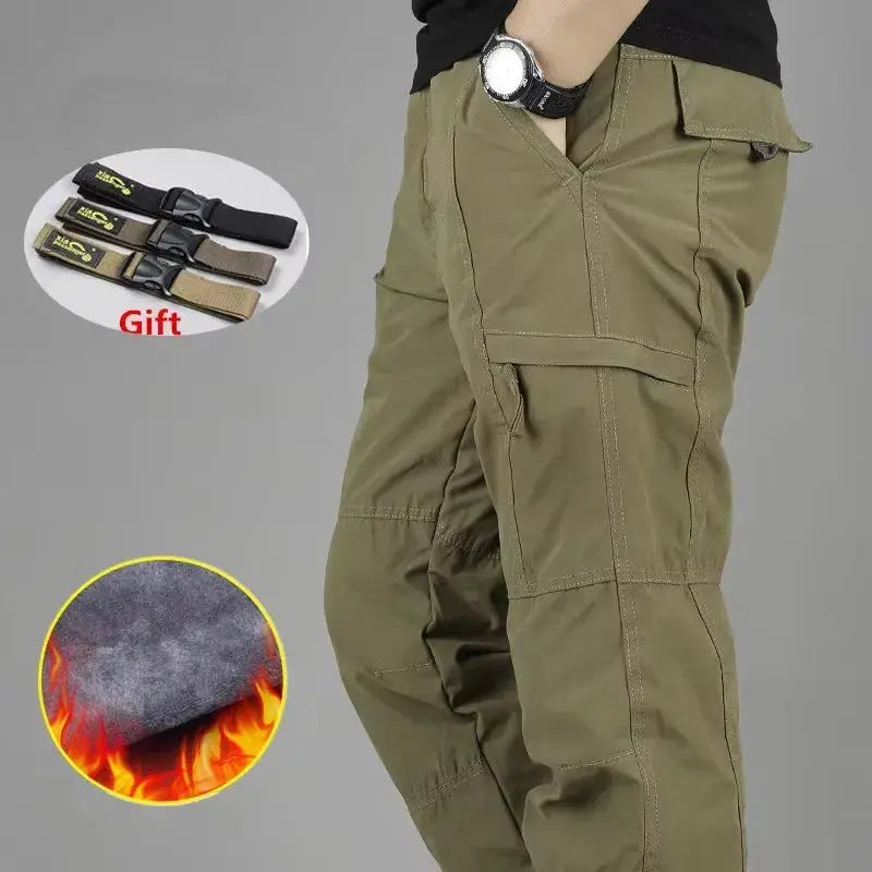 Men's olive fleece-lined cargo pants Simples Market, winter thermal tactical joggers, 3XL; belt gift set included