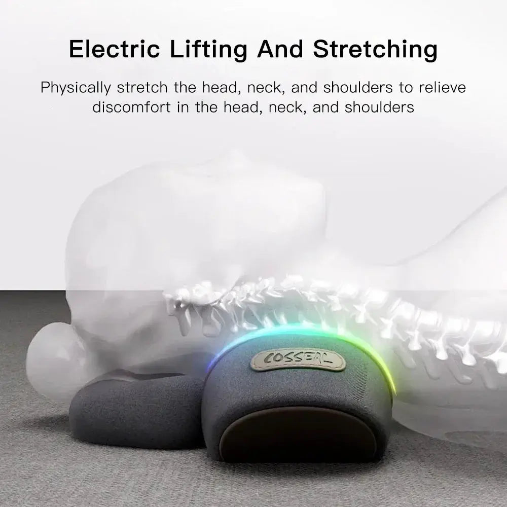 Electric neck massager pillow by Simples Market with colorful LED edge lighting, gray fabric, cervical support.