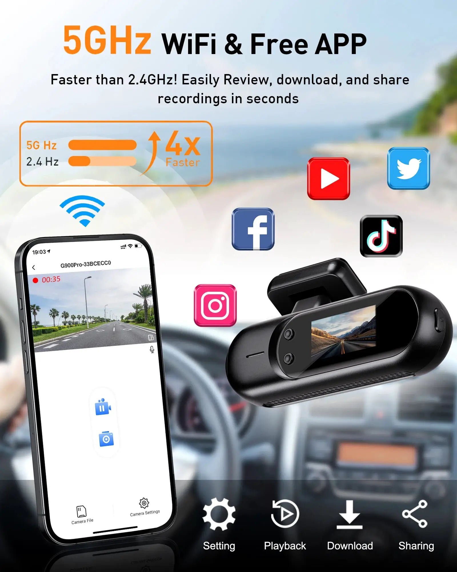 Simples Market 4K UHD dash cam with front & rear cameras and built-in Wi-Fi