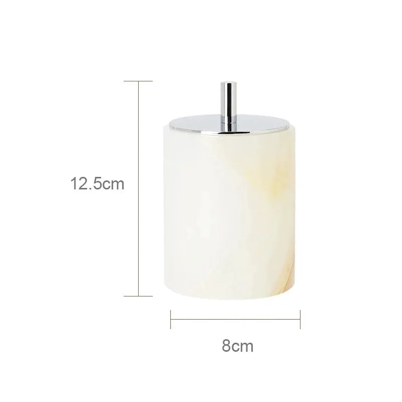 Soap dispenser by Simples Market, white onyx marble, bathroom vanity accessory.