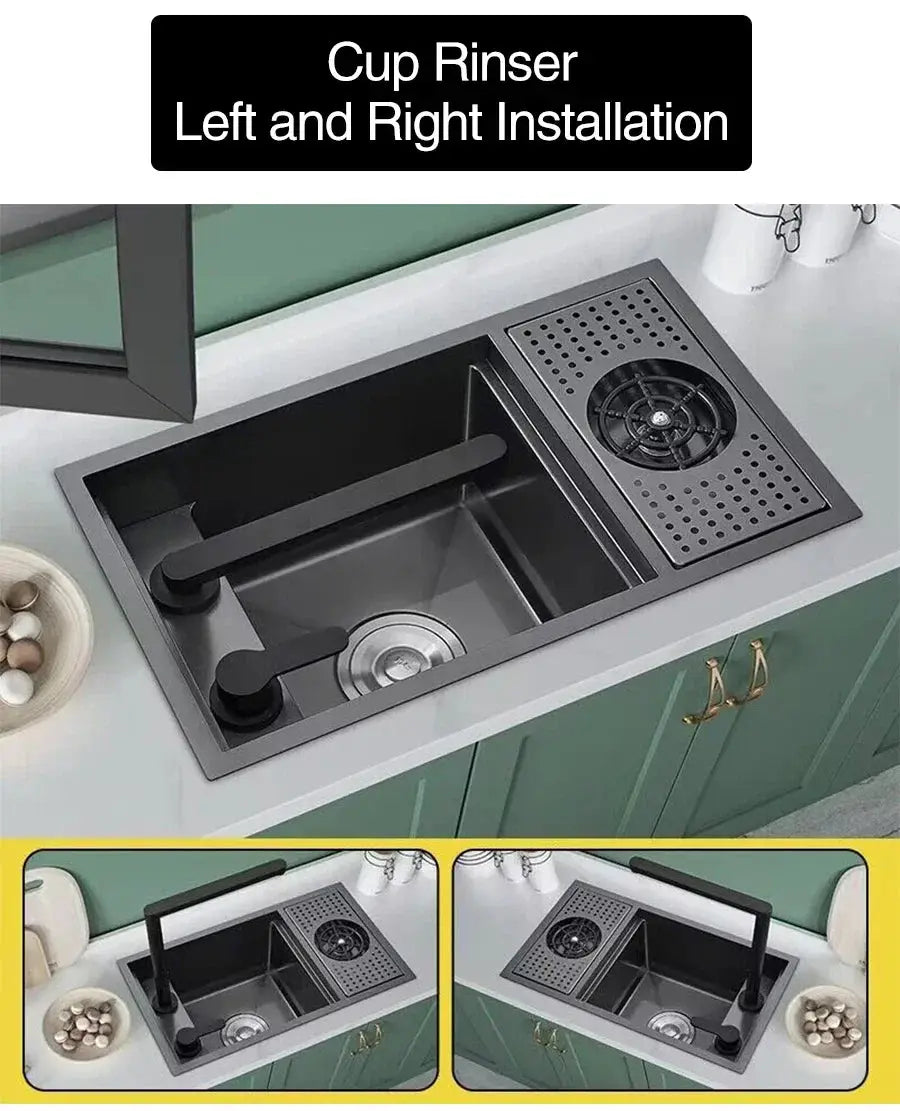 ASRAS Nano black small kitchen sink with lifting faucet and cup washer, concealed single-bowl